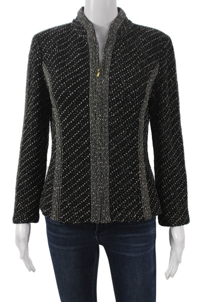 St. John Women Striped Knit Basic Jacket Black Zip Long Sleeve Size 4