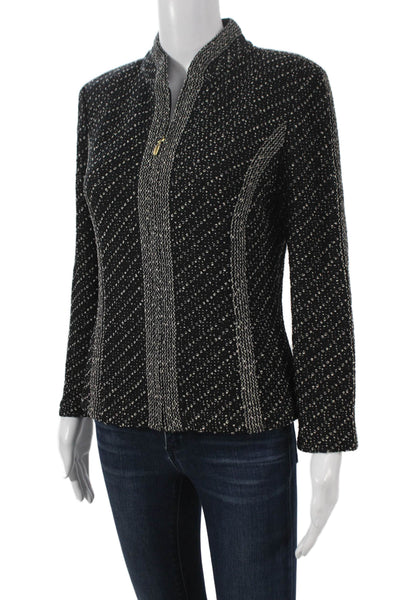 St. John Women Striped Knit Basic Jacket Black Zip Long Sleeve Size 4