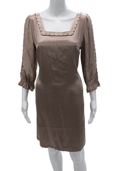 Elie Tahari Women Sheath Dress Brown Square Neck Silk 3/4 Sleeve Size 10