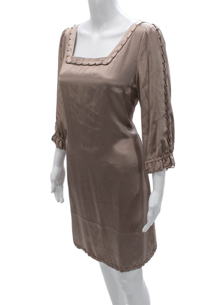 Elie Tahari Women Sheath Dress Brown Square Neck Silk 3/4 Sleeve Size 10