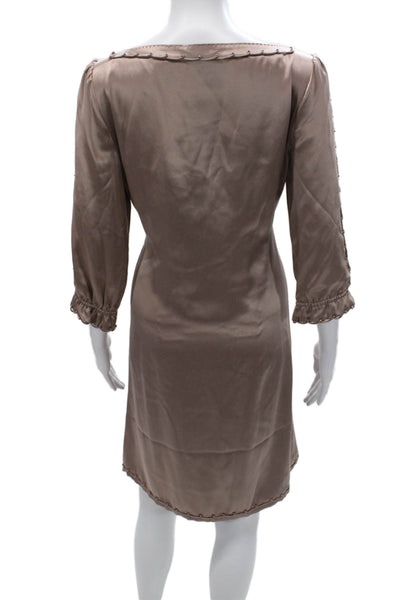 Elie Tahari Women Sheath Dress Brown Square Neck Silk 3/4 Sleeve Size 10
