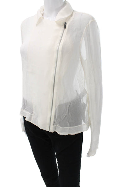 Elizabeth & James Women Basic Silk Collared Zip Blouse White Long Sleeve Size L