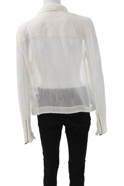 Elizabeth & James Women Basic Silk Collared Zip Blouse White Long Sleeve Size L