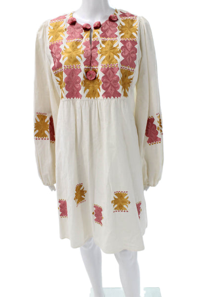 Figue Women Ivory Geometric Boho V-Neck Mini Dress Long Sleeve Cotton Size M