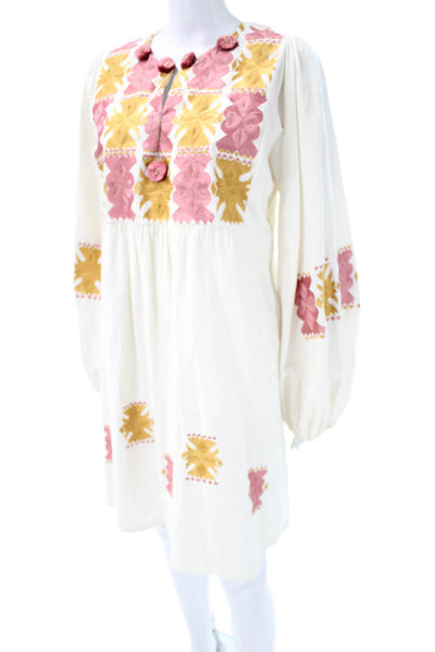 Figue Women Ivory Geometric Boho V-Neck Mini Dress Long Sleeve Cotton Size M
