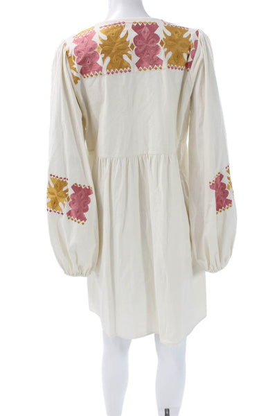 Figue Women Ivory Geometric Boho V-Neck Mini Dress Long Sleeve Cotton Size M