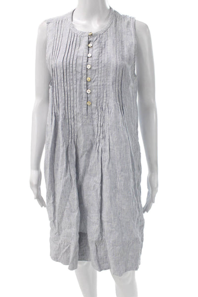 Quince Women Linen Striped Henley Shift Dress Sleeveless Button Short Size L