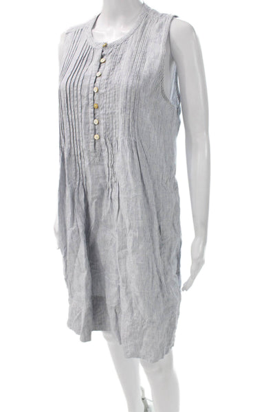 Quince Women Linen Striped Henley Shift Dress Sleeveless Button Short Size L