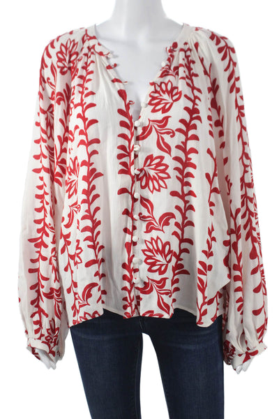 Ellison Womens Boho V-Neck Floral Rayon Tunic Blouse White Long Sleeve Size L