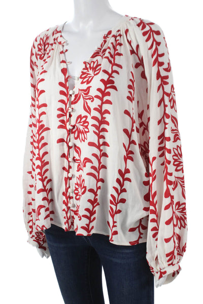 Ellison Womens Boho V-Neck Floral Rayon Tunic Blouse White Long Sleeve Size L