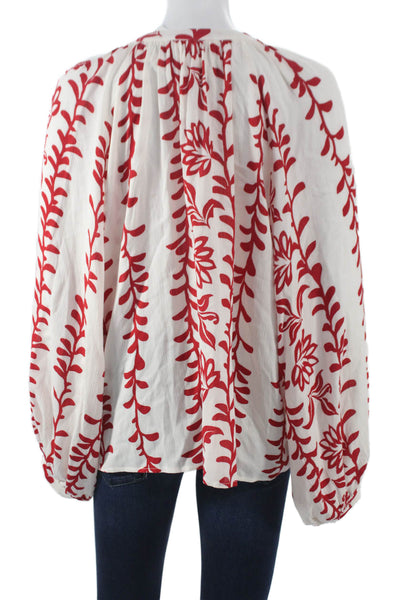 Ellison Womens Boho V-Neck Floral Rayon Tunic Blouse White Long Sleeve Size L
