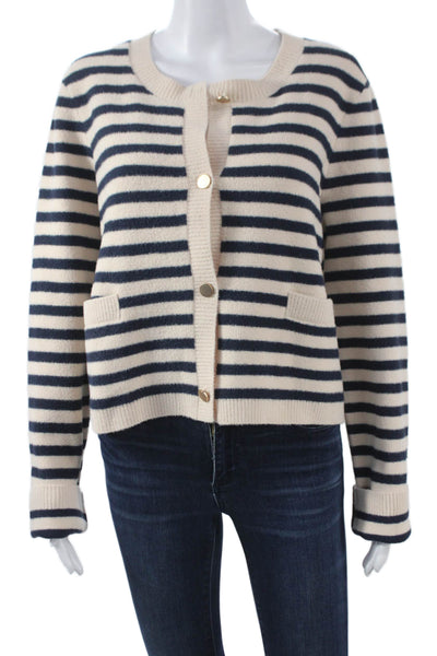 NVLT Womens Cardigan Ivory Striped Nautical 80% Nylon Long Sleeve Size L