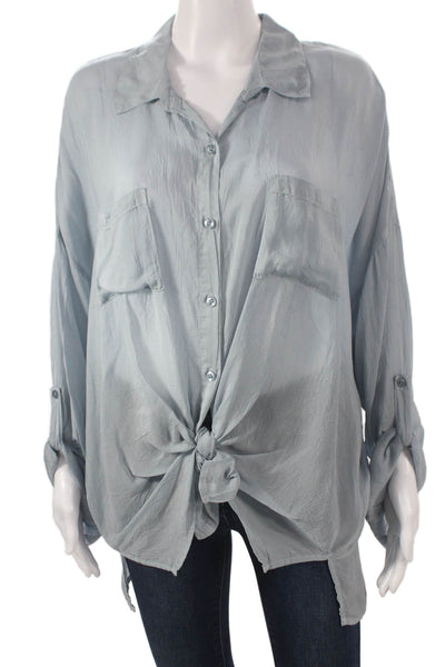 Maven Women Blue Collared Long Sleeve Button-Up Cupro Basic Top Size L