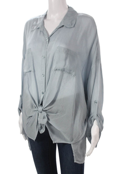 Maven Women Blue Collared Long Sleeve Button-Up Cupro Basic Top Size L