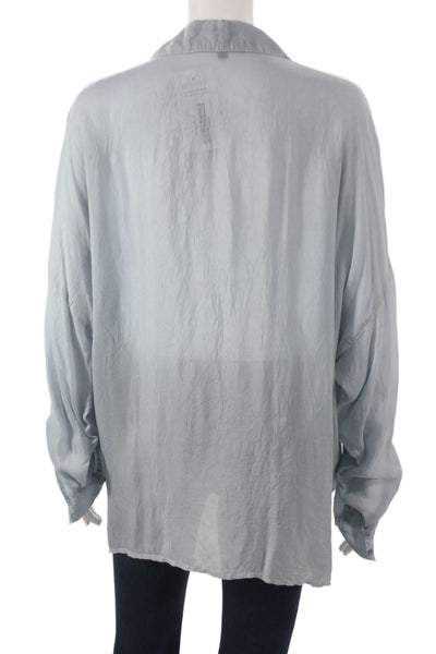 Maven Women Blue Collared Long Sleeve Button-Up Cupro Basic Top Size L