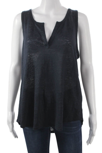 Vince Women Black Linen V-Neck Sleeveless Basic Tank Size L