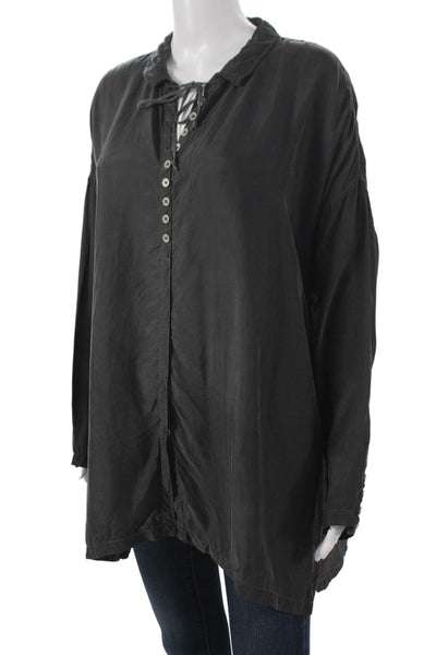 Pete & Greta Women Tunic Blouse Gray Collared Button Long Sleeve Cupra Size M