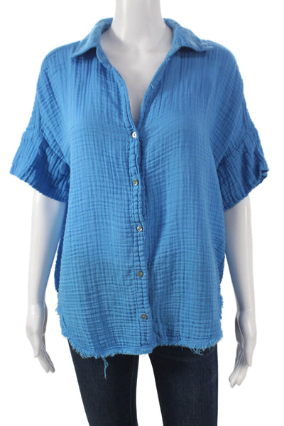 Michael Stars Womens Basic Button-Up Blue Cotton Collared Short Sleeve Size L