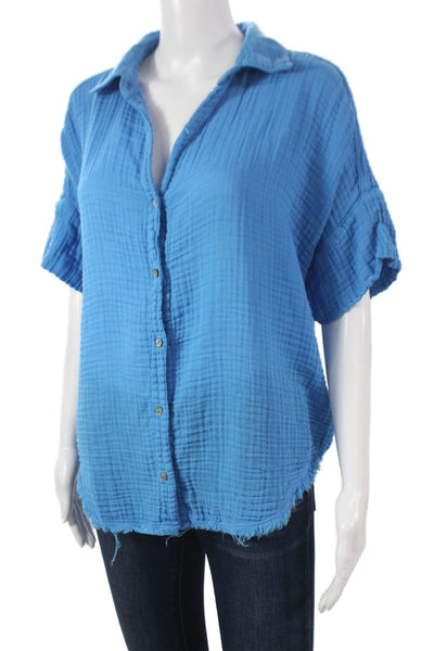 Michael Stars Womens Basic Button-Up Blue Cotton Collared Short Sleeve Size L