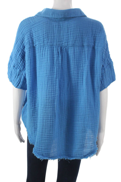 Michael Stars Womens Basic Button-Up Blue Cotton Collared Short Sleeve Size L