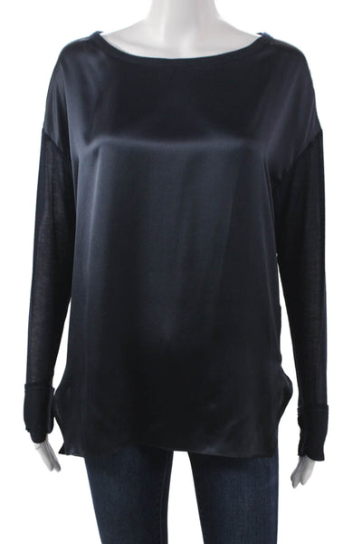 Vince Women Blue Satin Boat Neck Long Sleeve Basic Blouse Size M