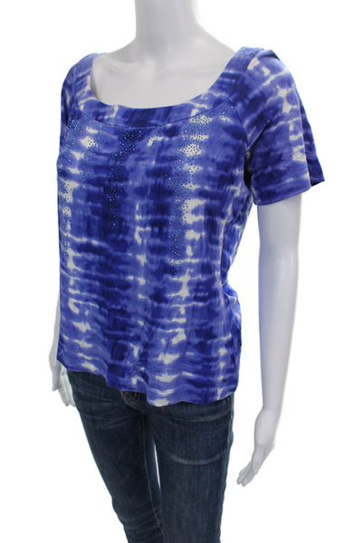 St. John Womens Basic Tie-Dye Blue Scoop Neck Rayon T-Shirt Short Sleeve Size M