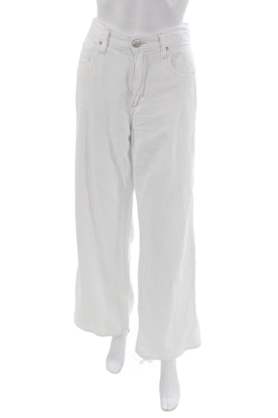 Amo Women Wide-Leg Jeans White Cotton Button Size 28
