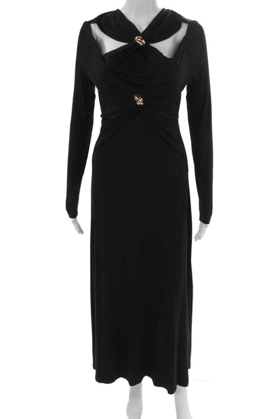 Benaar Women Maxi Dress Black V-Neck Long Sleeve Zip Rayon Size M