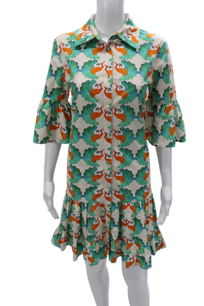 La Double J Women Shirt Dress Multicolor Peacock Cotton Half Sleeve Size M