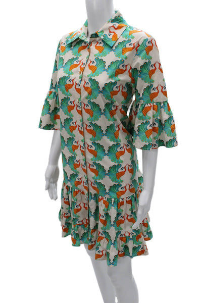 La Double J Women Shirt Dress Multicolor Peacock Cotton Half Sleeve Size M