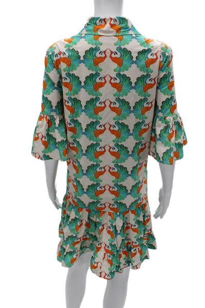 La Double J Women Shirt Dress Multicolor Peacock Cotton Half Sleeve Size M