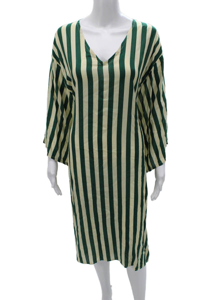 Natalie Martin Women Green Kaftan Dress V-Neck 3/4 Sleeve Rayon Bohemian Size M