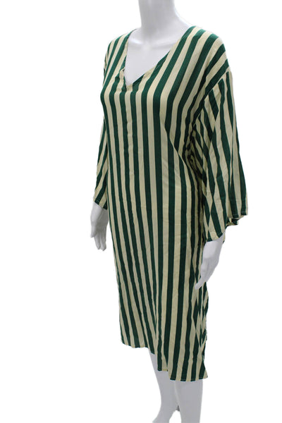 Natalie Martin Women Green Kaftan Dress V-Neck 3/4 Sleeve Rayon Bohemian Size M