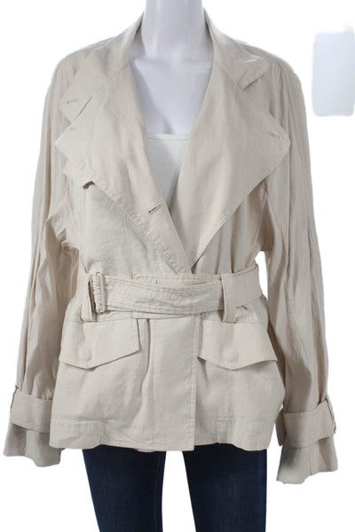 Vince Women Beige Trench Coat Button Long Sleeve Linen Blend Size L