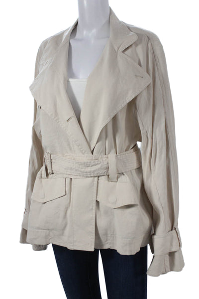 Vince Women Beige Trench Coat Button Long Sleeve Linen Blend Size L
