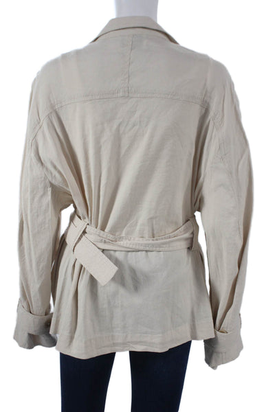 Vince Women Beige Trench Coat Button Long Sleeve Linen Blend Size L