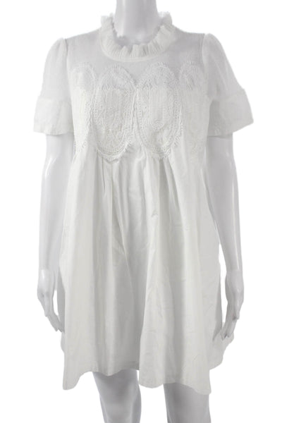Designer Women Trapeze Swing Dress White High Neck Short Sleeve Midi Size S