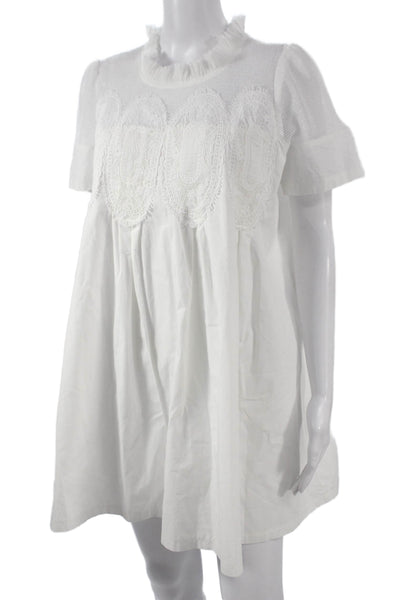 Designer Women Trapeze Swing Dress White High Neck Short Sleeve Midi Size S