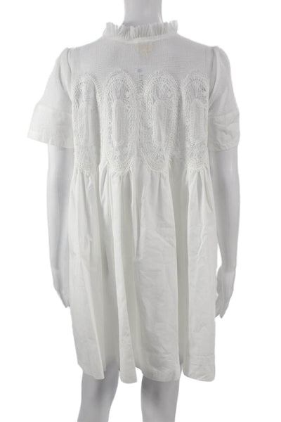 Designer Women Trapeze Swing Dress White High Neck Short Sleeve Midi Size S