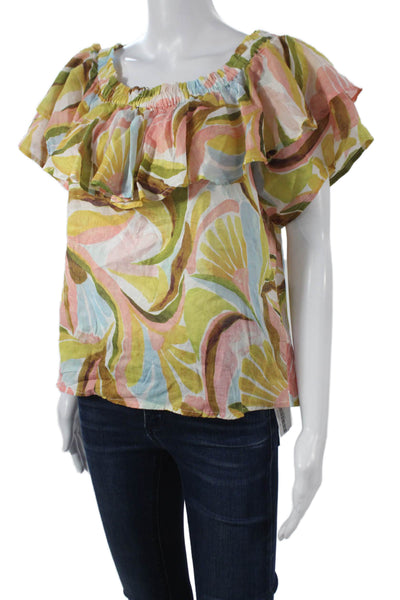 Nicole Miller Women Multi Floral Off Shoulder Blouse Short Sleeve Size S
