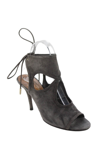 Aquazzura Womens Suede Lace Up Cut Out Sandal Heels Grey Size 36 6