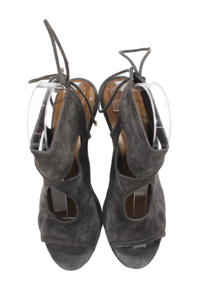 Aquazzura Womens Suede Lace Up Cut Out Sandal Heels Grey Size 36 6