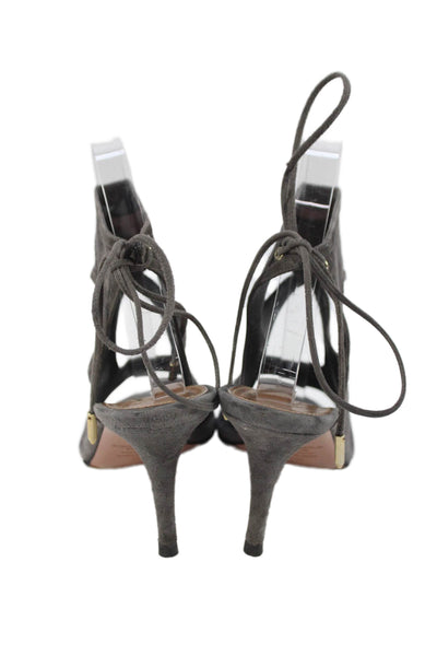 Aquazzura Womens Suede Lace Up Cut Out Sandal Heels Grey Size 36 6