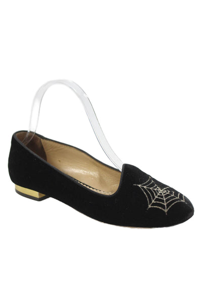 Charlotte Olympia Womens Velvet Spider Loafers Black Gold Size 35.5 5.5