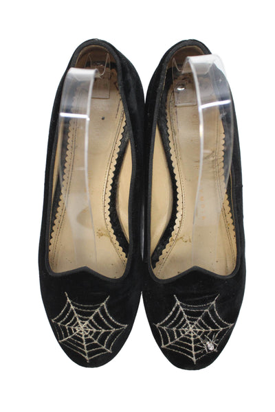 Charlotte Olympia Womens Velvet Spider Loafers Black Gold Size 35.5 5.5