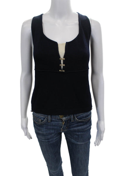 St. John Women Basic Sleeveless Viscose Scoop Neck Blue Tank Size M