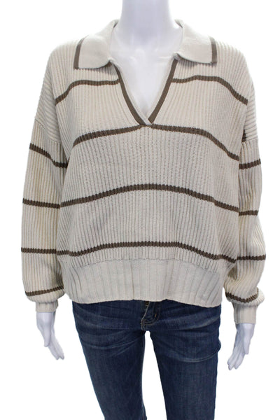 Splendid Women Ivory Striped Collared Pullover Sweater Long Sleeve Size XS
