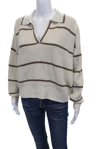 Splendid Women Ivory Striped Collared Pullover Sweater Long Sleeve Size XS
