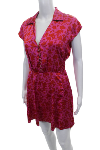 Zara Womens Pink Floral Collared Short Sleeve Shirt Dress Polyester Size S