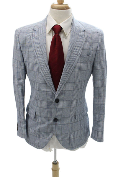Peter Elliot Mens Blazer Blue Plaid Wool Linen Cotton Button Size 42